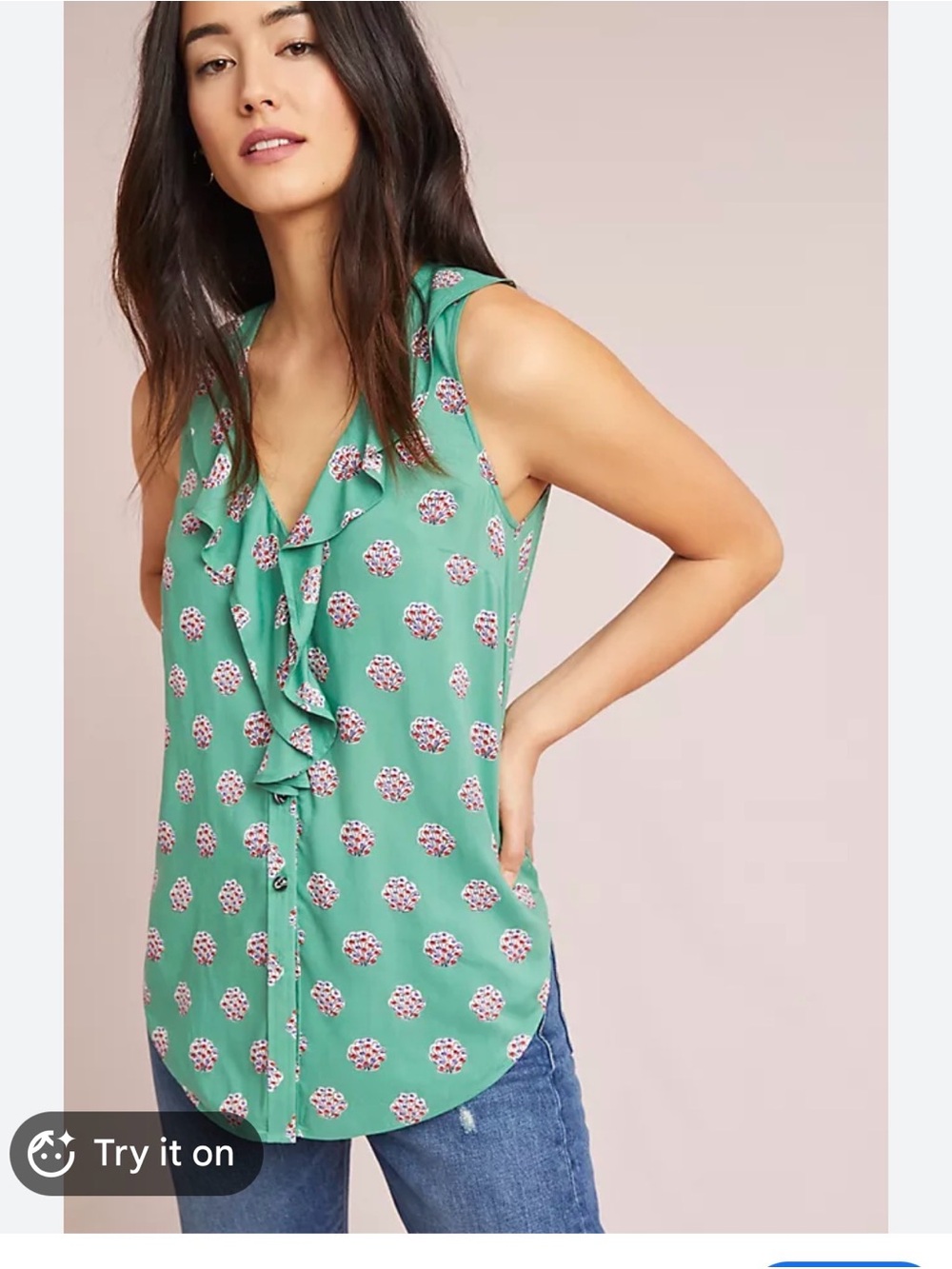 Maeve Sleeveless Green Ruffle Front Print Top size 8